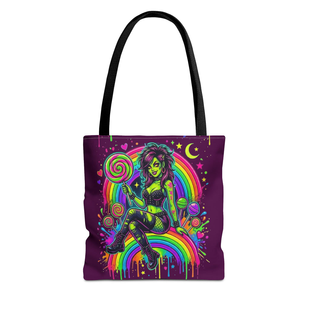 Neon Pinup Witch Rainbow Tote Bag — Candy Goth All-Over Print
