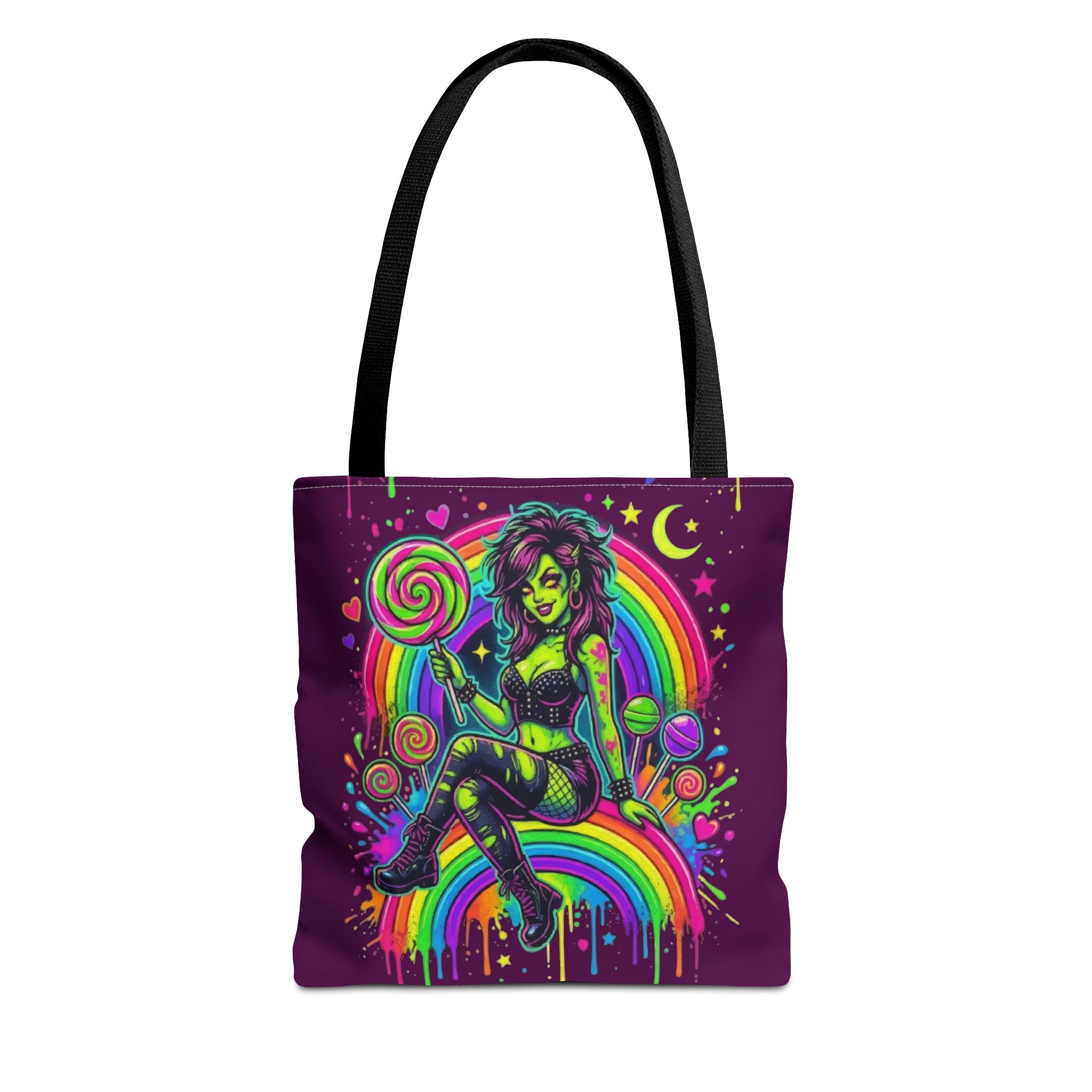 Neon Pinup Witch Rainbow Tote Bag — Candy Goth All-Over Print