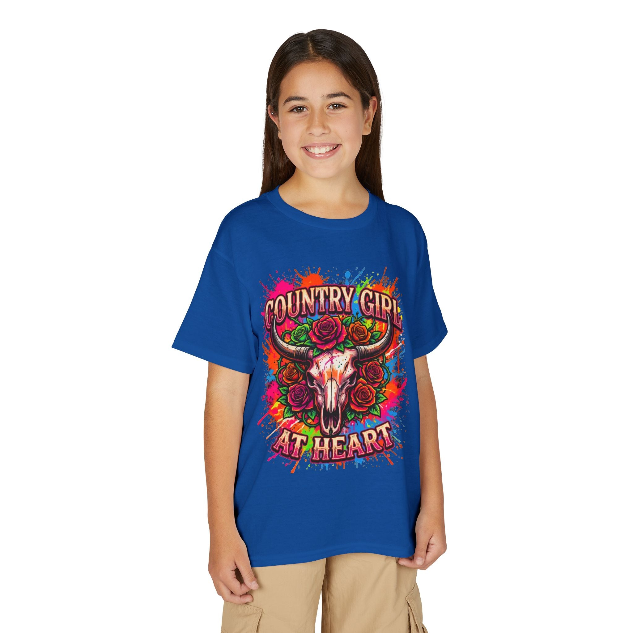 Country Girl At Heart Youth T-Shirt — Colorful Skull & Roses Graphic