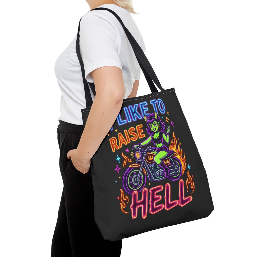 I Like to Raise Hell Motorcycle Tote Bag — Neon Biker Cat Graphic