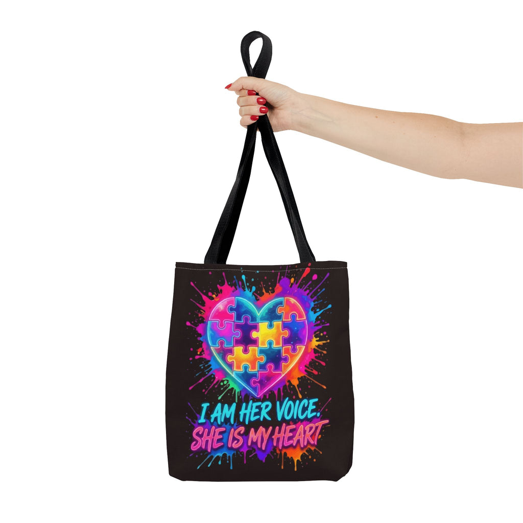 Autism Awareness Heart Tote Bag — "I Am Her Voice, She Is My Heart" Colorful Puzzle Design