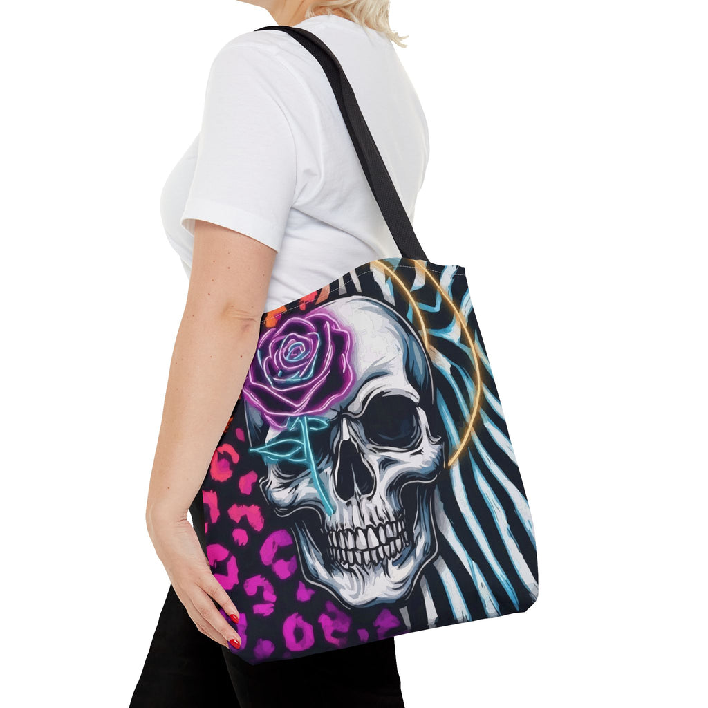 Skull & Rose Pattern Tote Bag — Neon Animal Print All-Over Tote