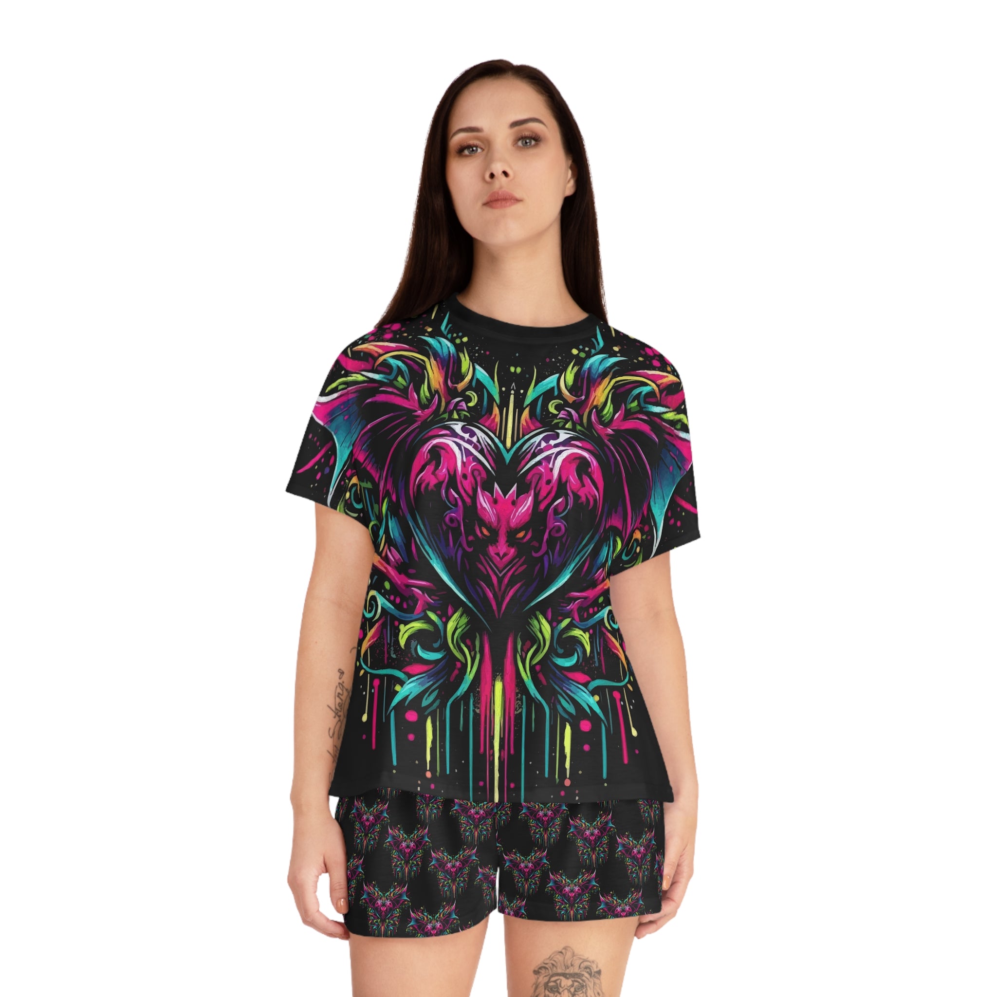 Women's Neon Bat Heart Pajama Set — Gothic Floral Sleep Shorts & Top