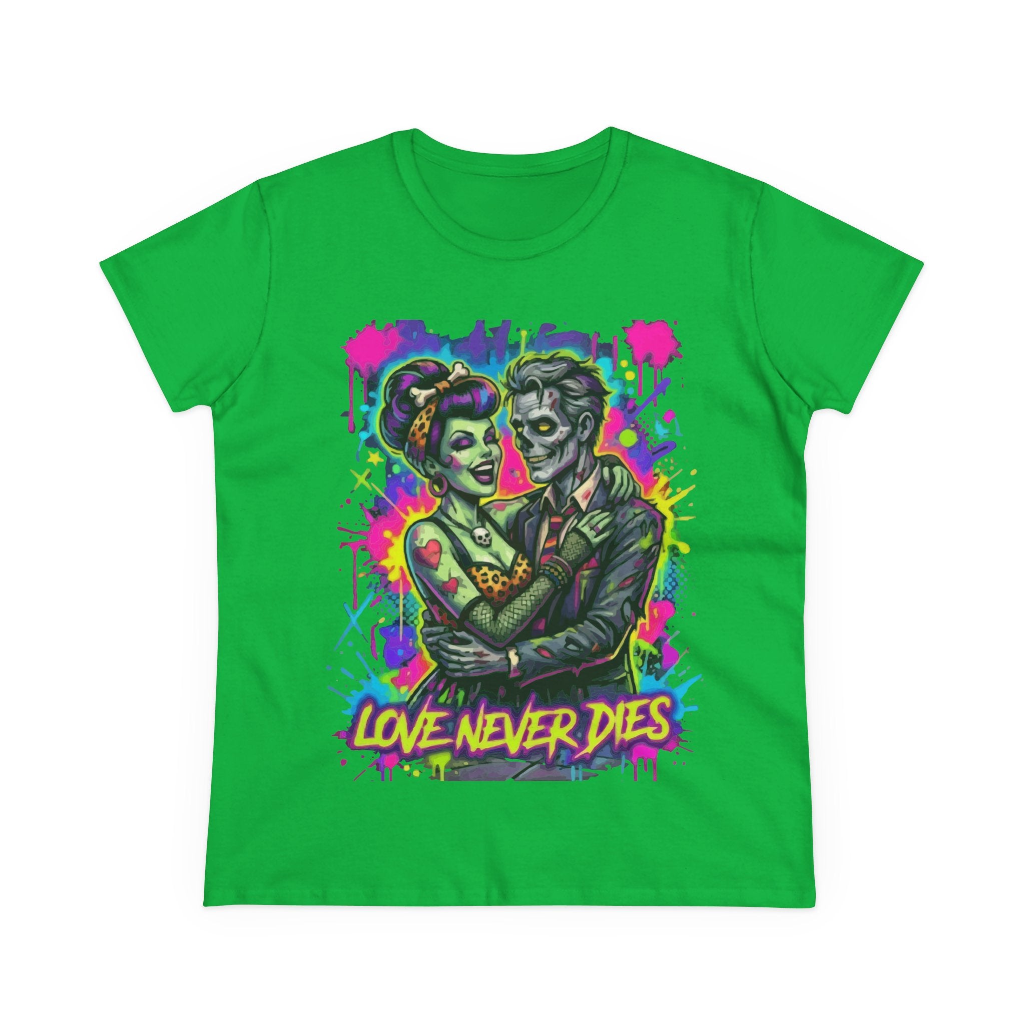 Women's Tee — Neon Zombie Couple "Love Never Dies" Graphic