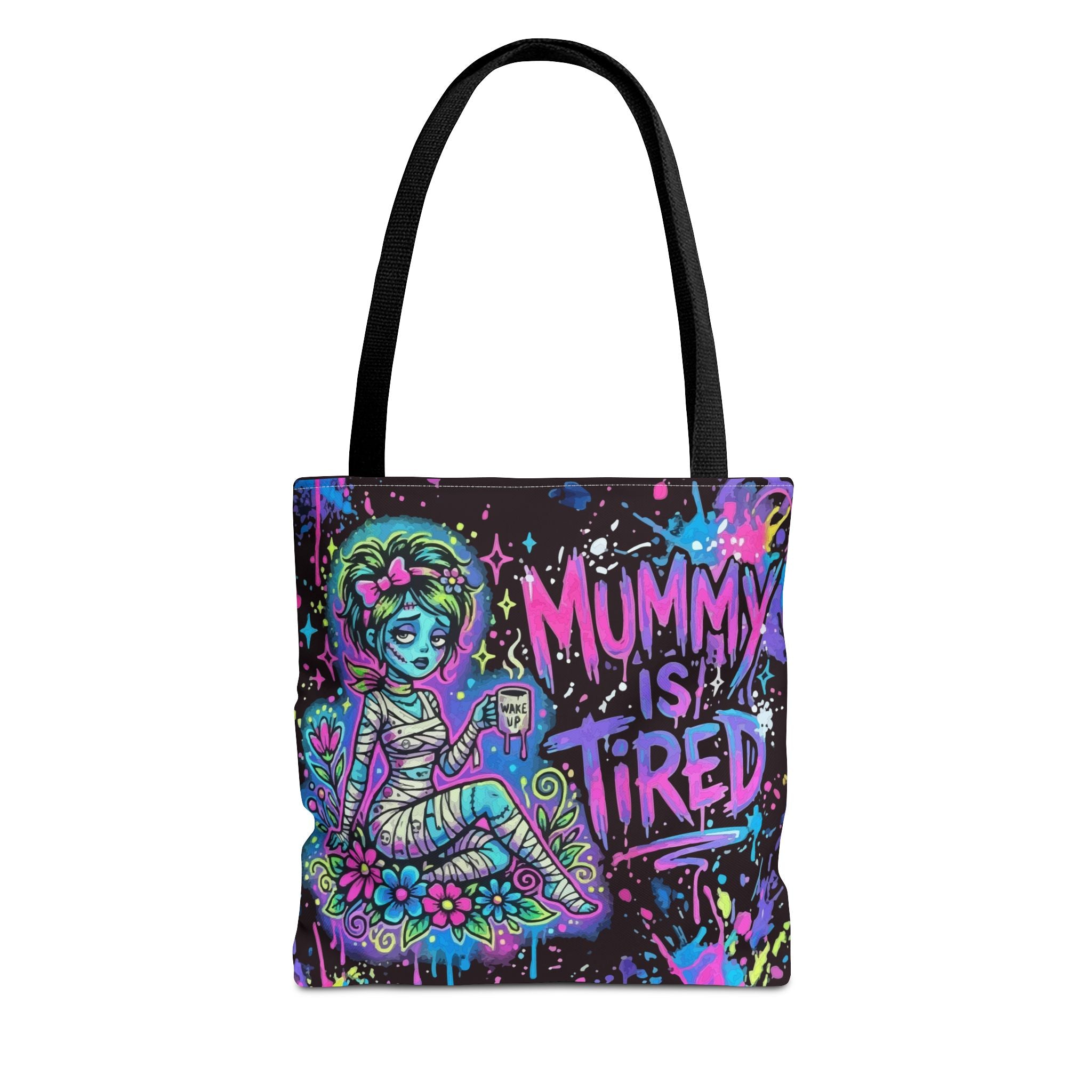 Mummy Is Tired Tote Bag — Neon Halloween Mom Canvas Shopper
