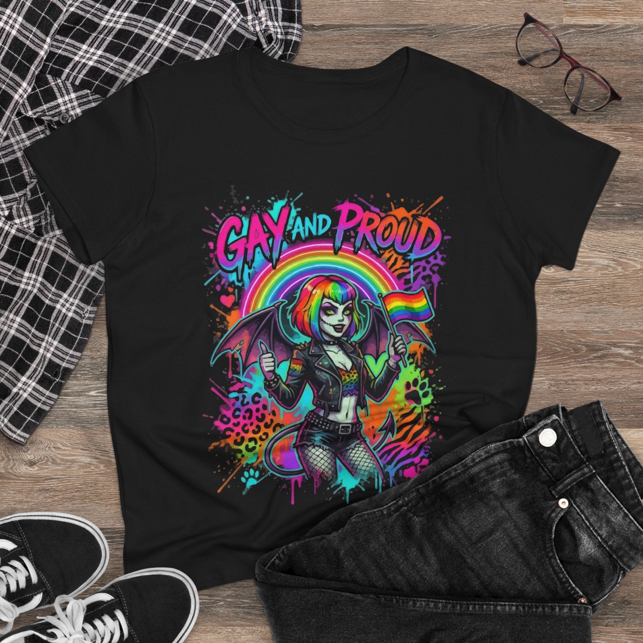 Gay and Proud Rainbow Goth Tee — Women's Pride Graphic T-Shirt