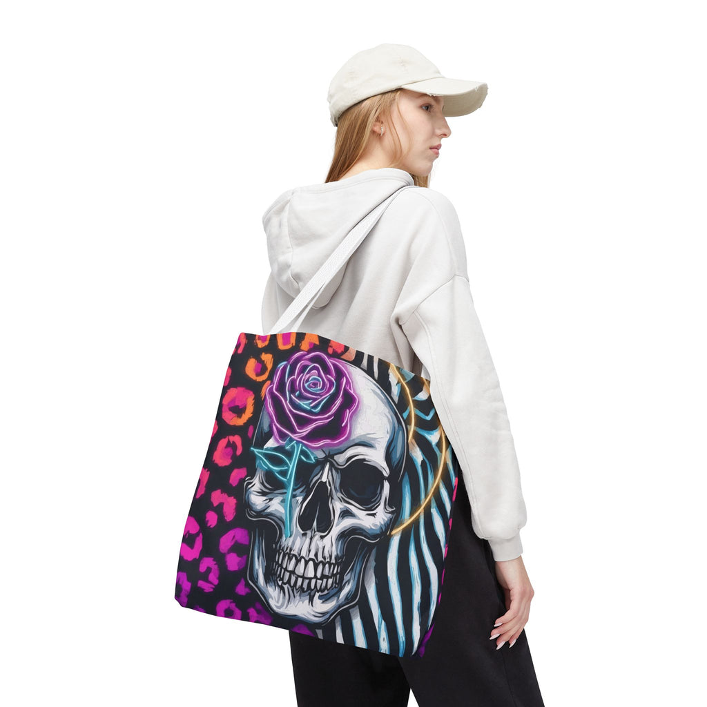 Skull & Rose Pattern Tote Bag — Neon Animal Print All-Over Tote