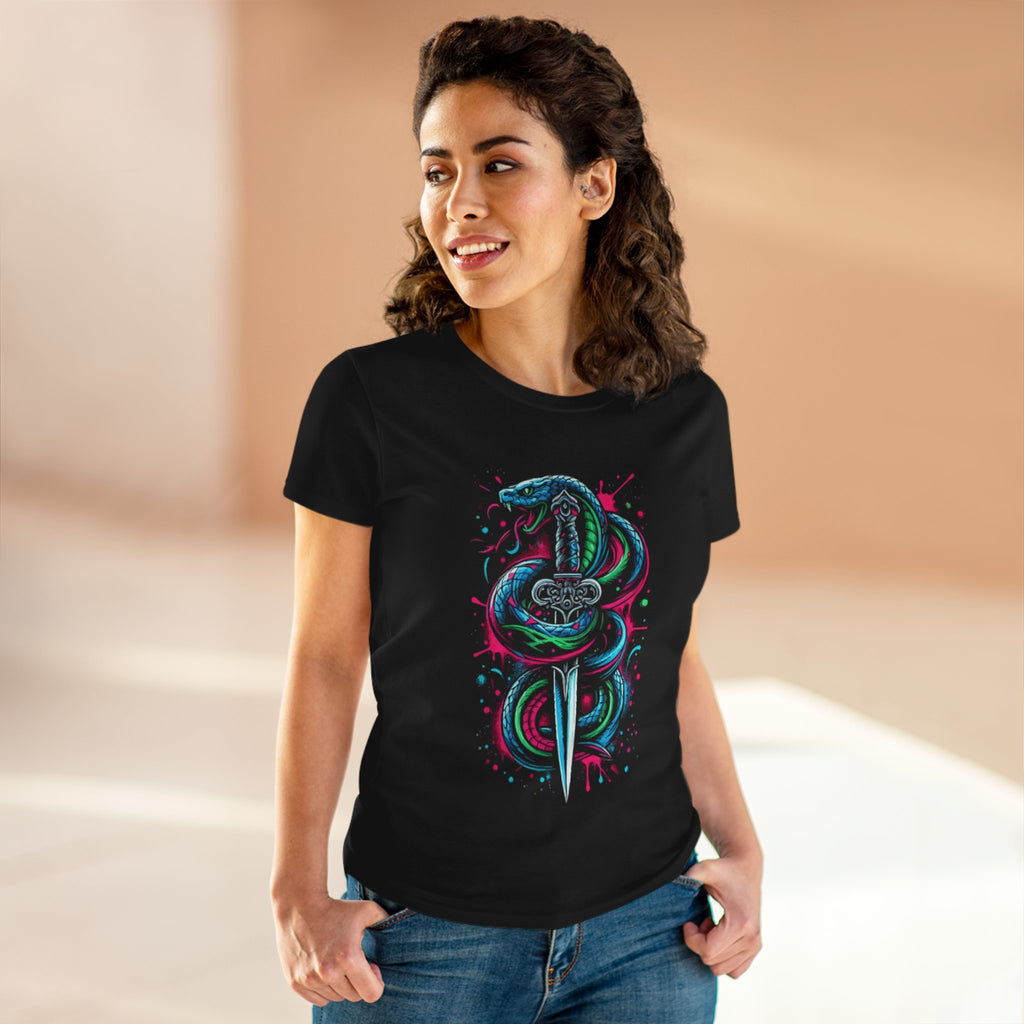 Snake Dagger Women's Tee – Neon Cobra Sword Graphic T-Shirt