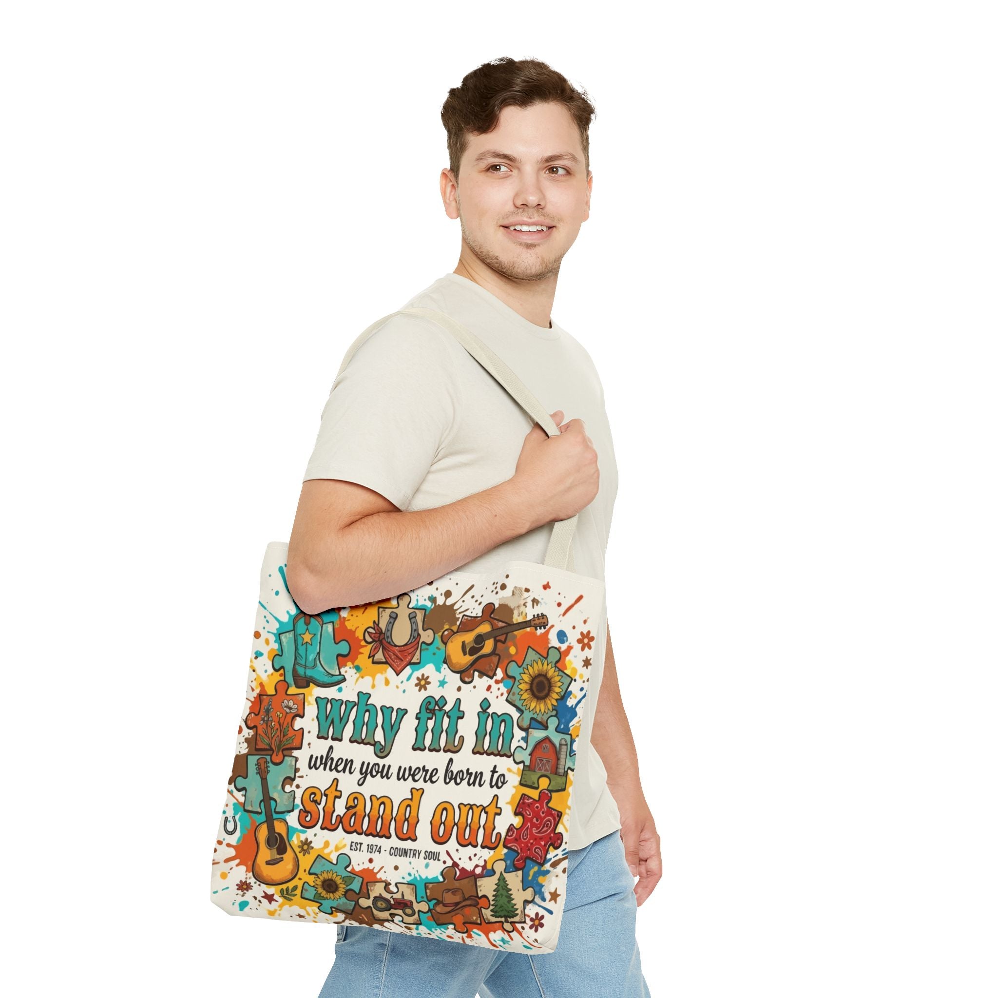 Stand Out Tote Bag — "Why Fit In When You Were Born to Stand Out" Colorful Boho Guitar Design