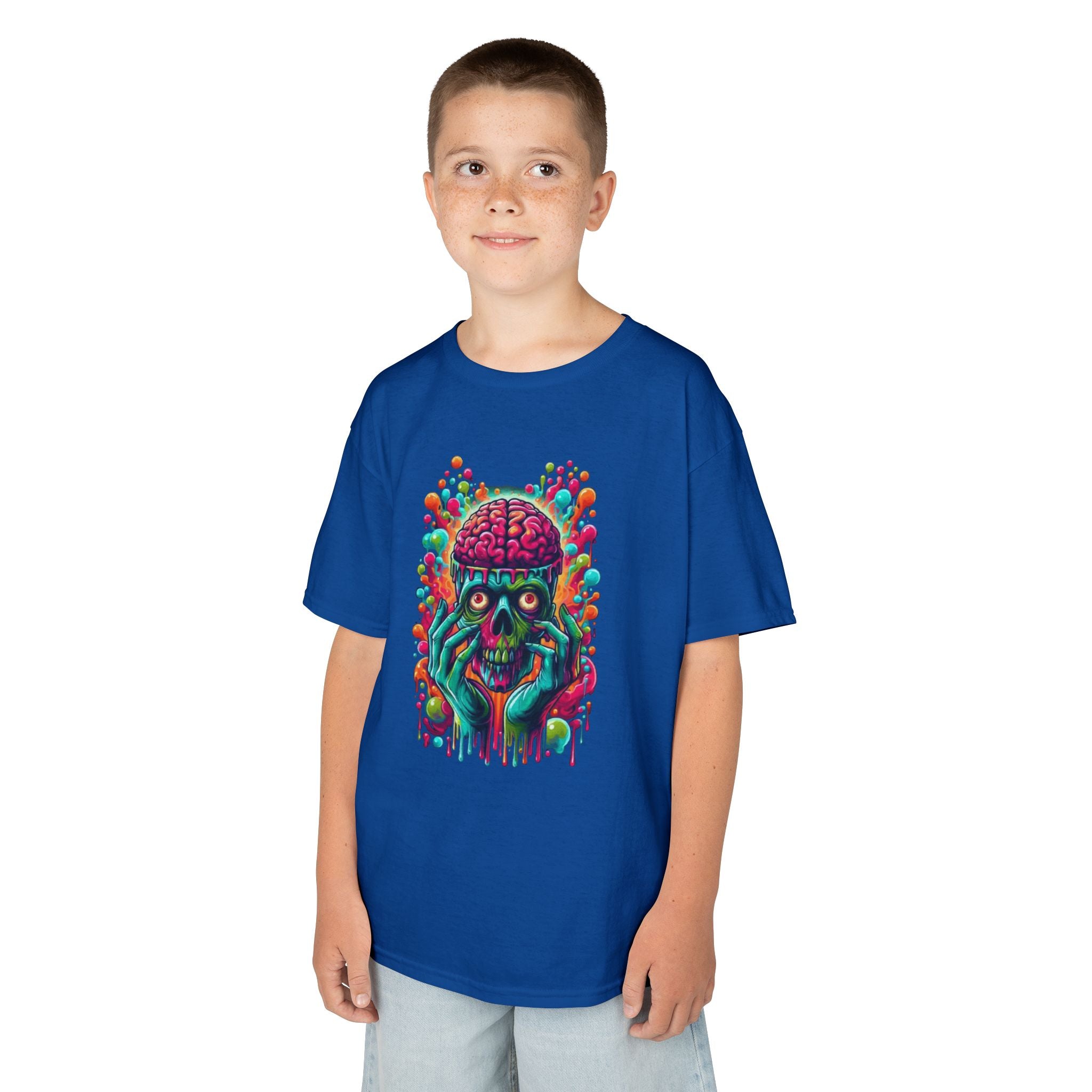 Kids Tee — Neon Brain Monster Graphic T-Shirt (Glow Horror Skate Punk)