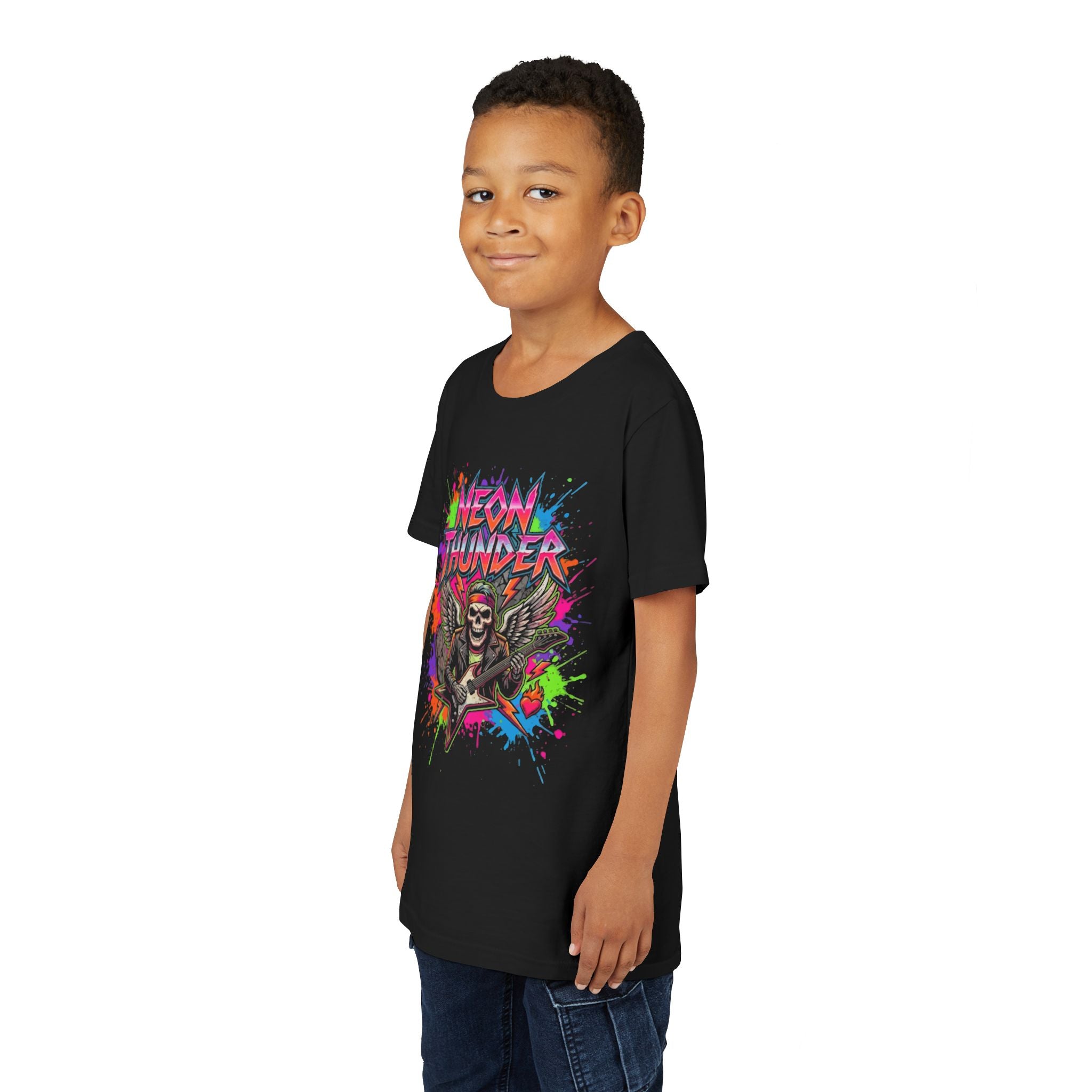 Neon Thunder Youth Tee - Colorful Skull Guitar Rock Graphic