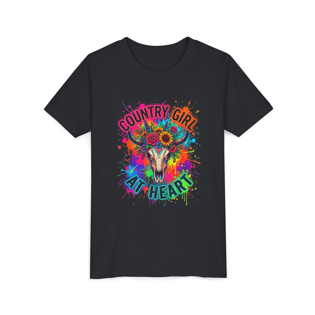 Youth Tee — "Country Girl at Heart" Colorful Cow Skull Graphic