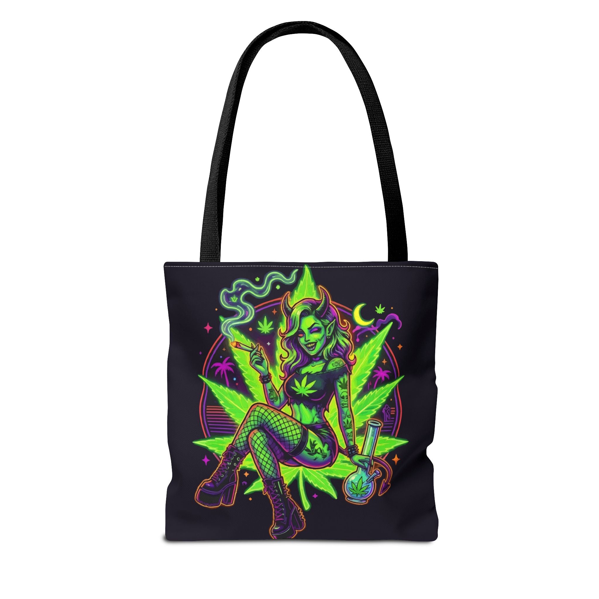 Psychedelic Witch Tote Bag — Neon Cannabis Pinup All-Over Print