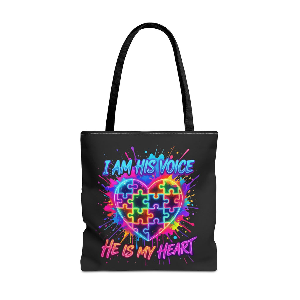 Autism Awareness Tote Bag — "I Am His Voice, He Is My Heart" Colorful Puzzle Heart