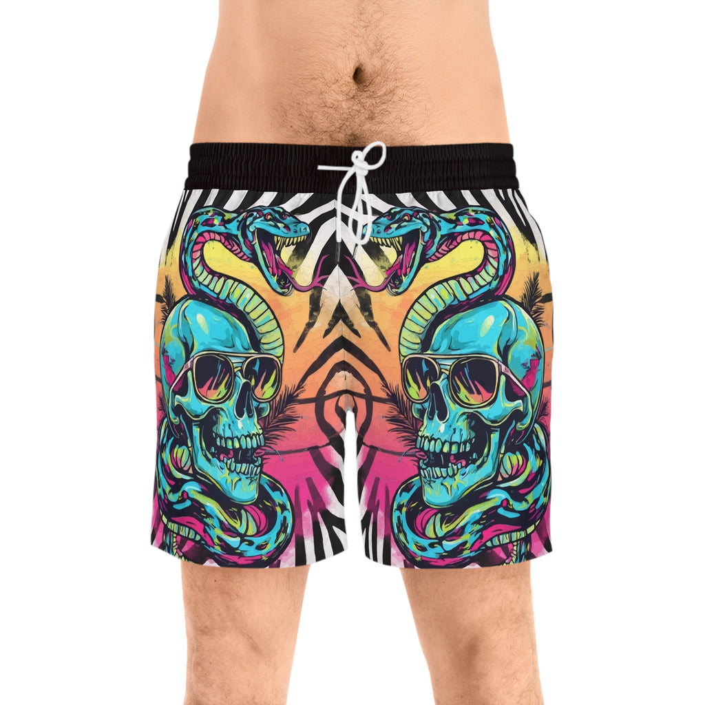 Men's Skull & Snake Swim Shorts — Neon Tropical Print