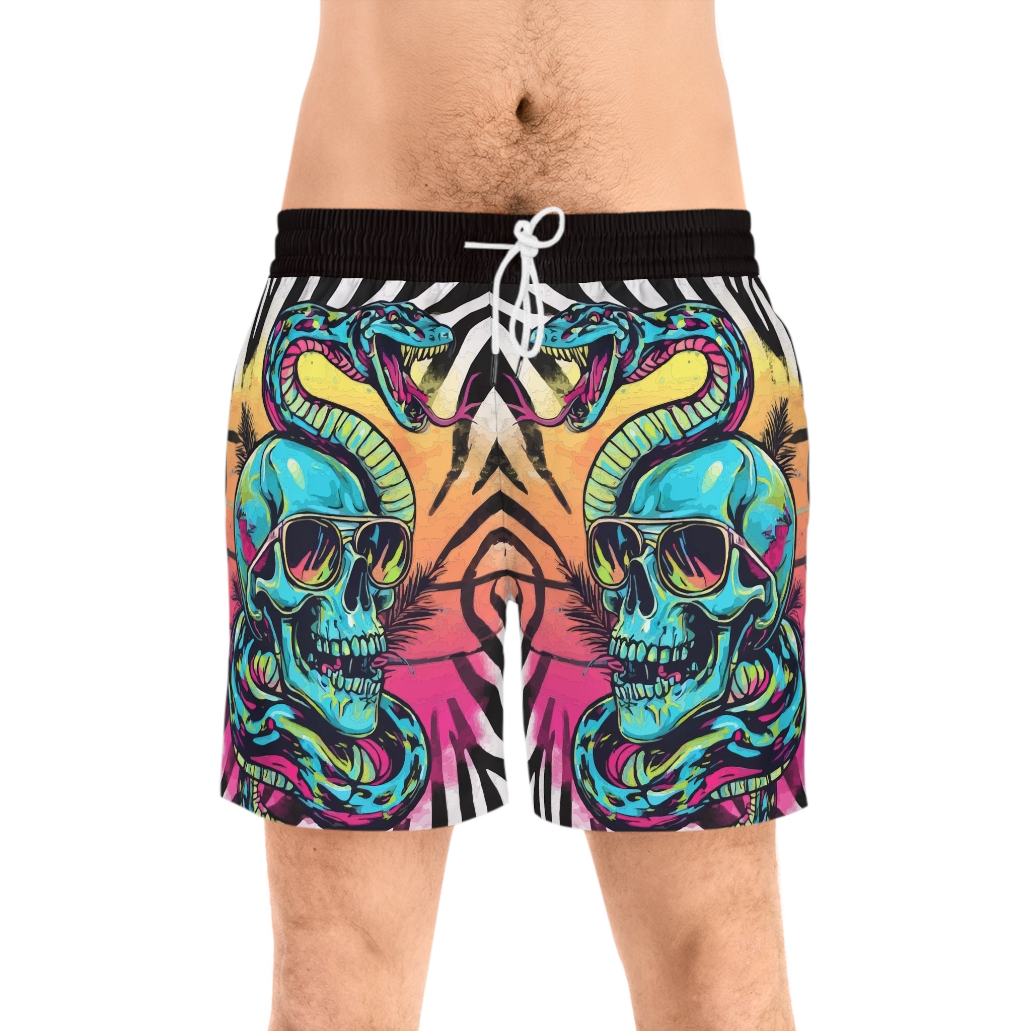 Men's Skull & Snake Swim Shorts — Neon Tropical Print