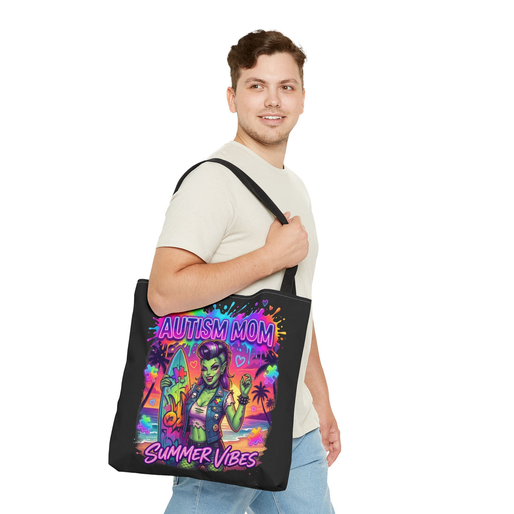Autism Mom Summer Vibes Tote Bag — Colorful Supportive Beach Tote
