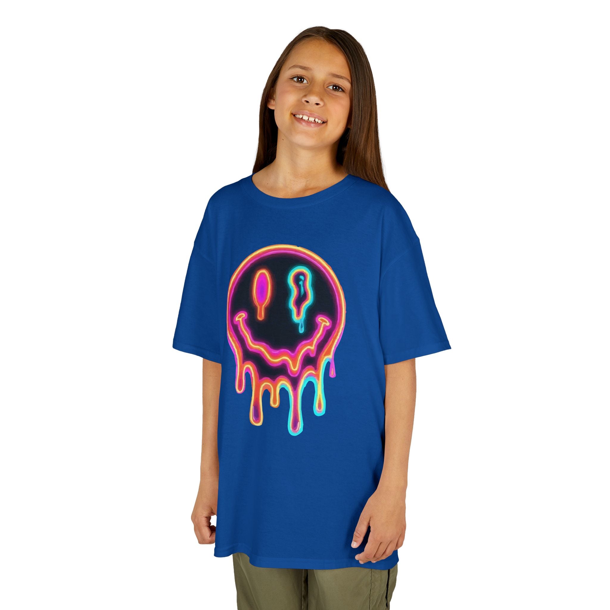 Kids Neon Drip Smiley T-Shirt — Colorful Melting Emoji Tee for Boys & Girls