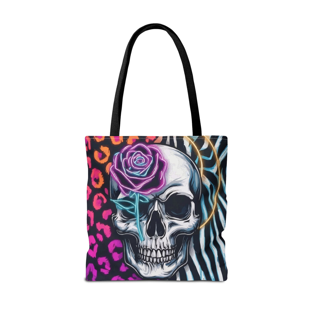 Skull & Rose Pattern Tote Bag — Neon Animal Print All-Over Tote