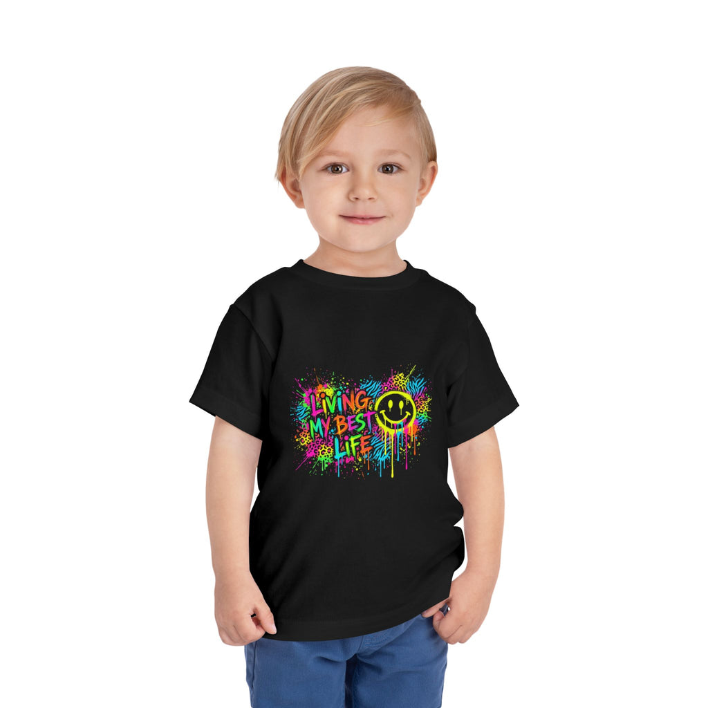 Living My Best Life Toddler Tee — Neon Paint Smiley Kids Shirt