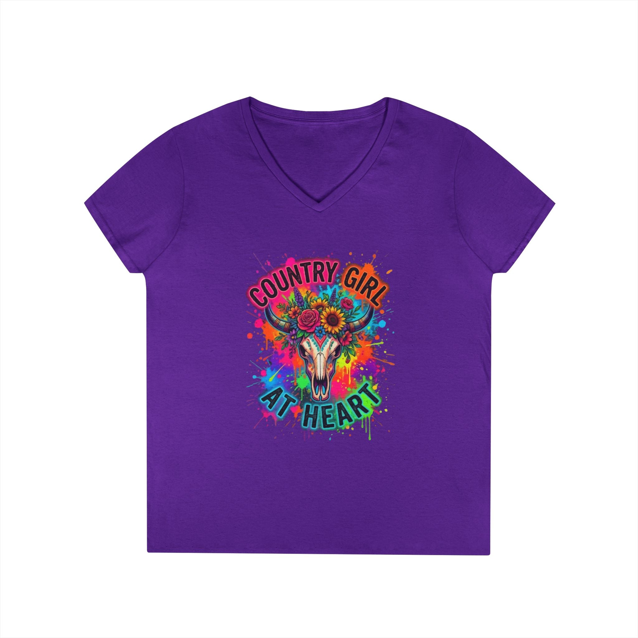 Country Girl At Heart V-Neck Tee — Colorful Skull Floral Women's T-Shirt