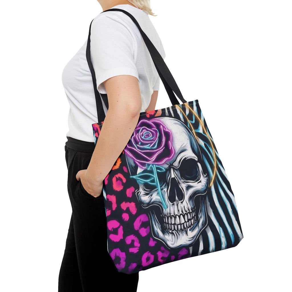 Skull & Rose Pattern Tote Bag — Neon Animal Print All-Over Tote
