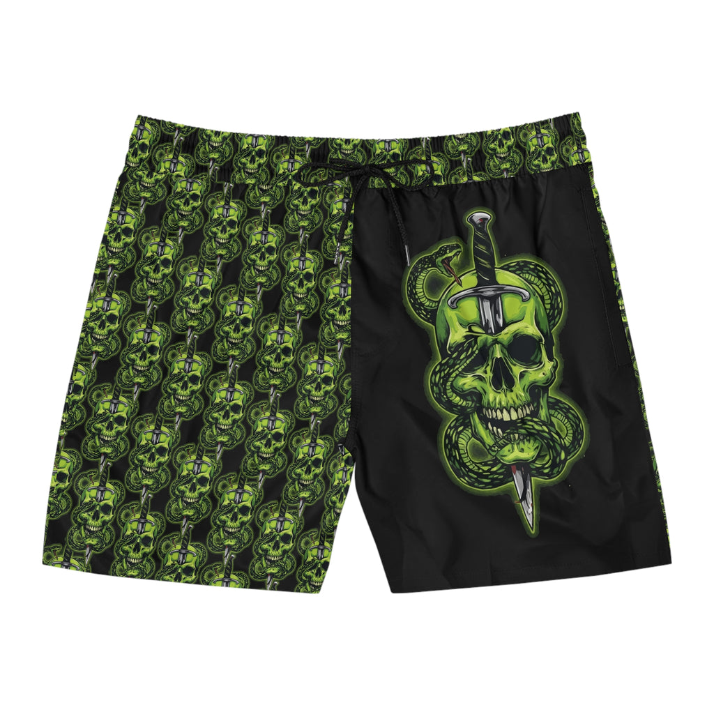 Men's Green Skull & Dagger Swim Shorts - Gothic All-Over Print