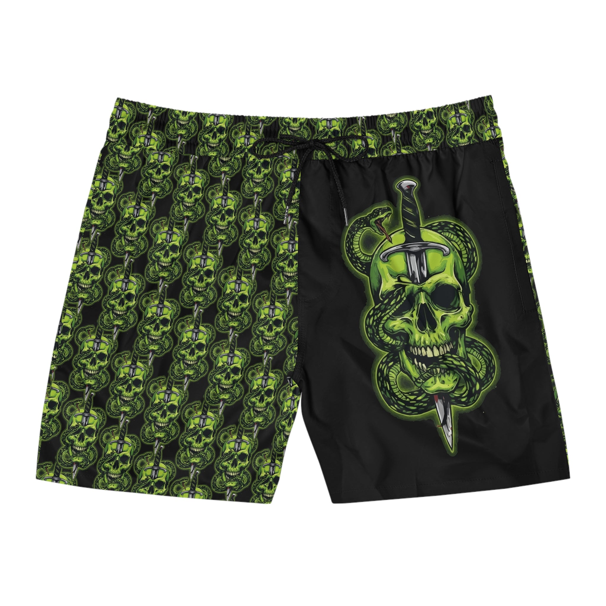 Men's Green Skull & Dagger Swim Shorts - Gothic All-Over Print