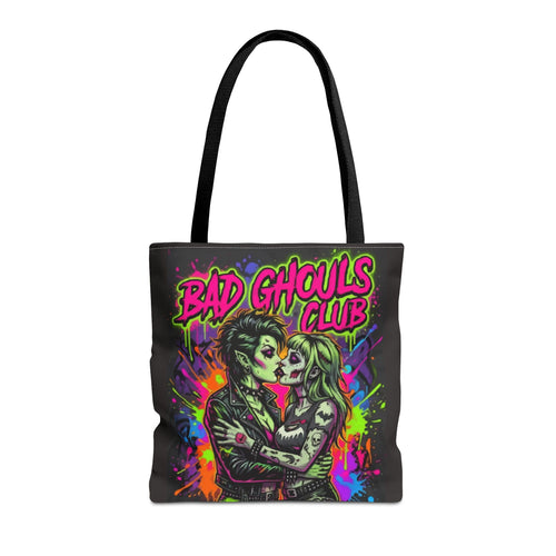 Bad Ghouls Club Tote Bag — Neon Goth Zombie Couple Graphic Tote