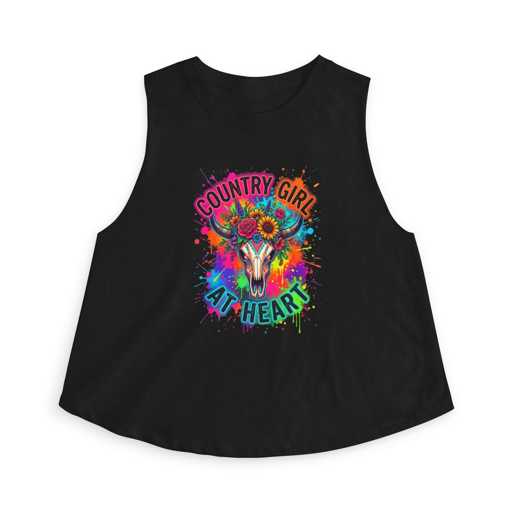 Crop Top — "Country Girl at Heart" Colorful Cow Skull Graphic