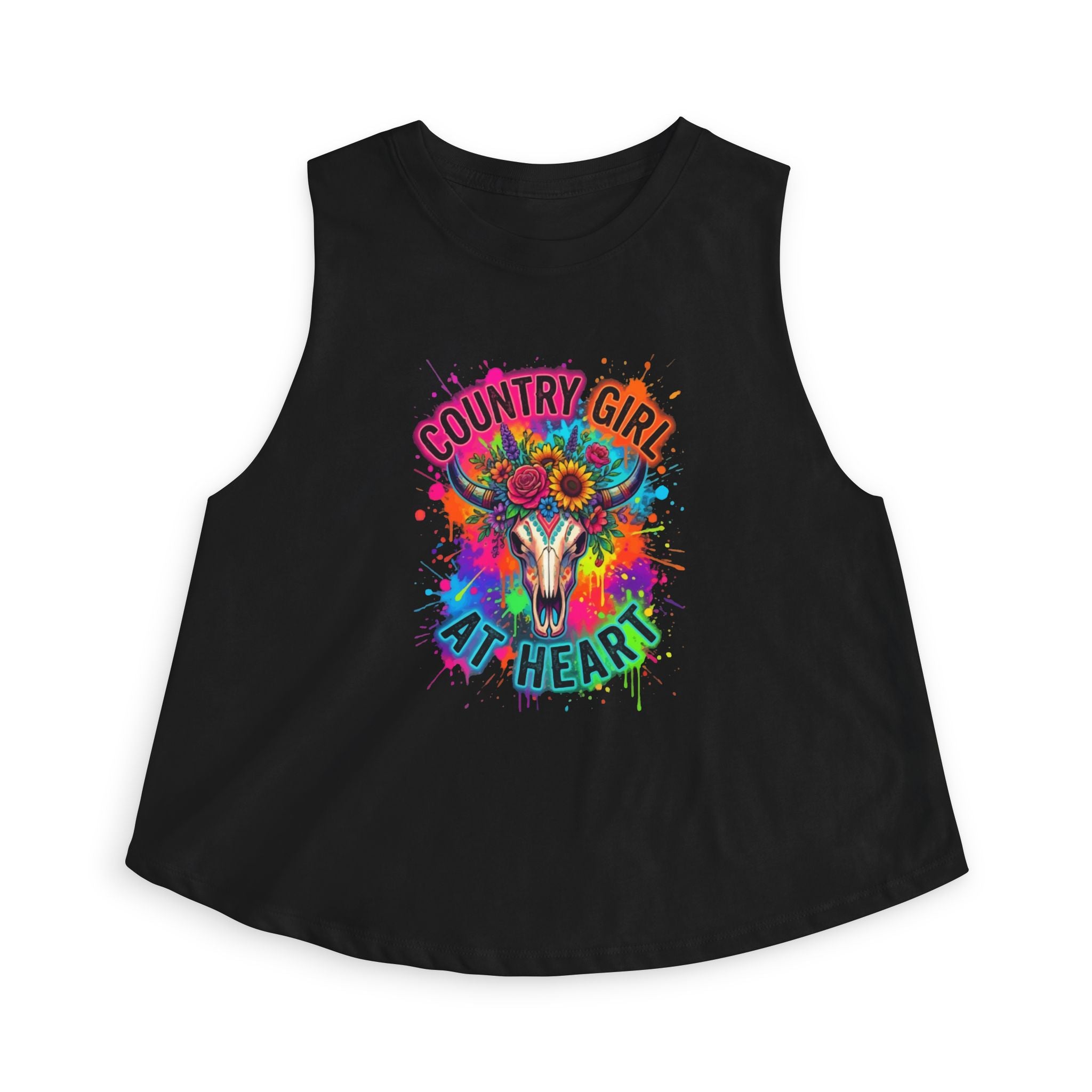 Crop Top — "Country Girl at Heart" Colorful Cow Skull Graphic