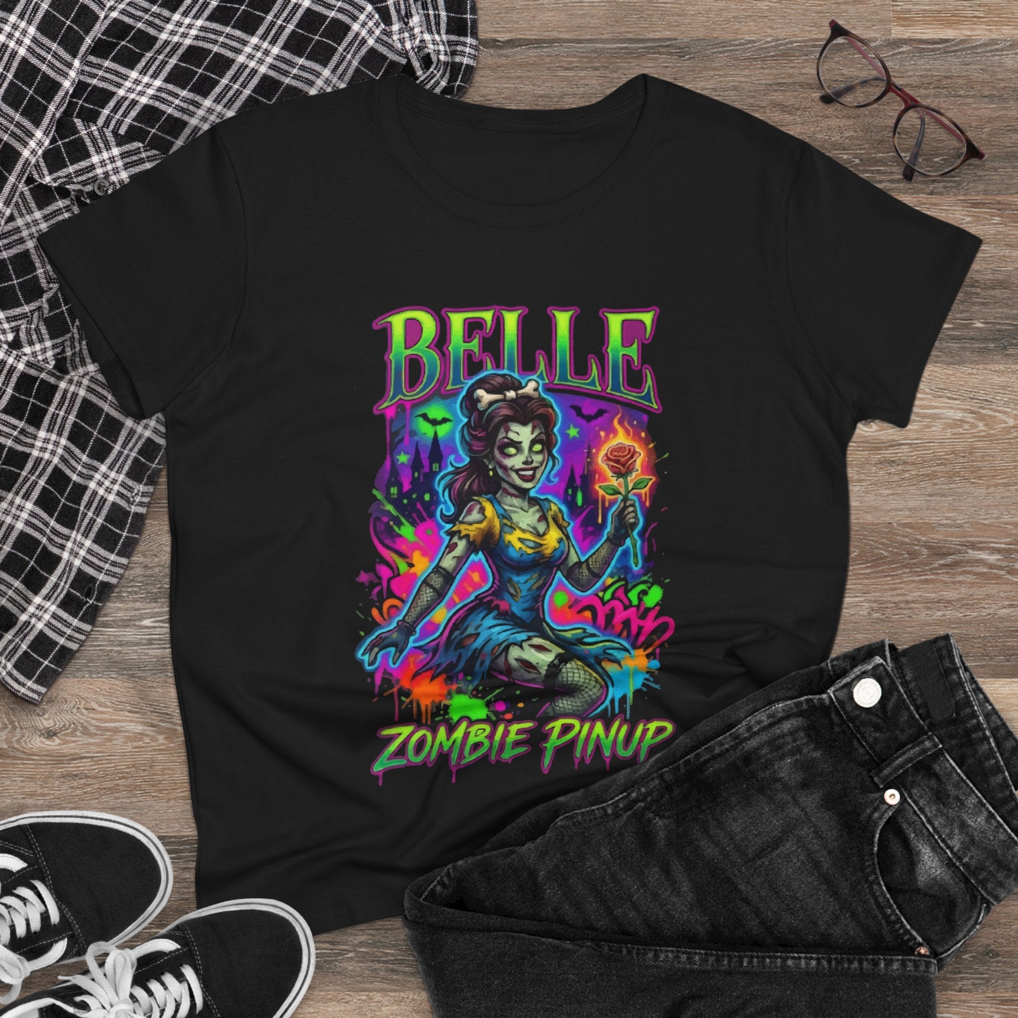 Zombie Pinup Tee — "Belle" Neon Horror Vintage Womens T-Shirt