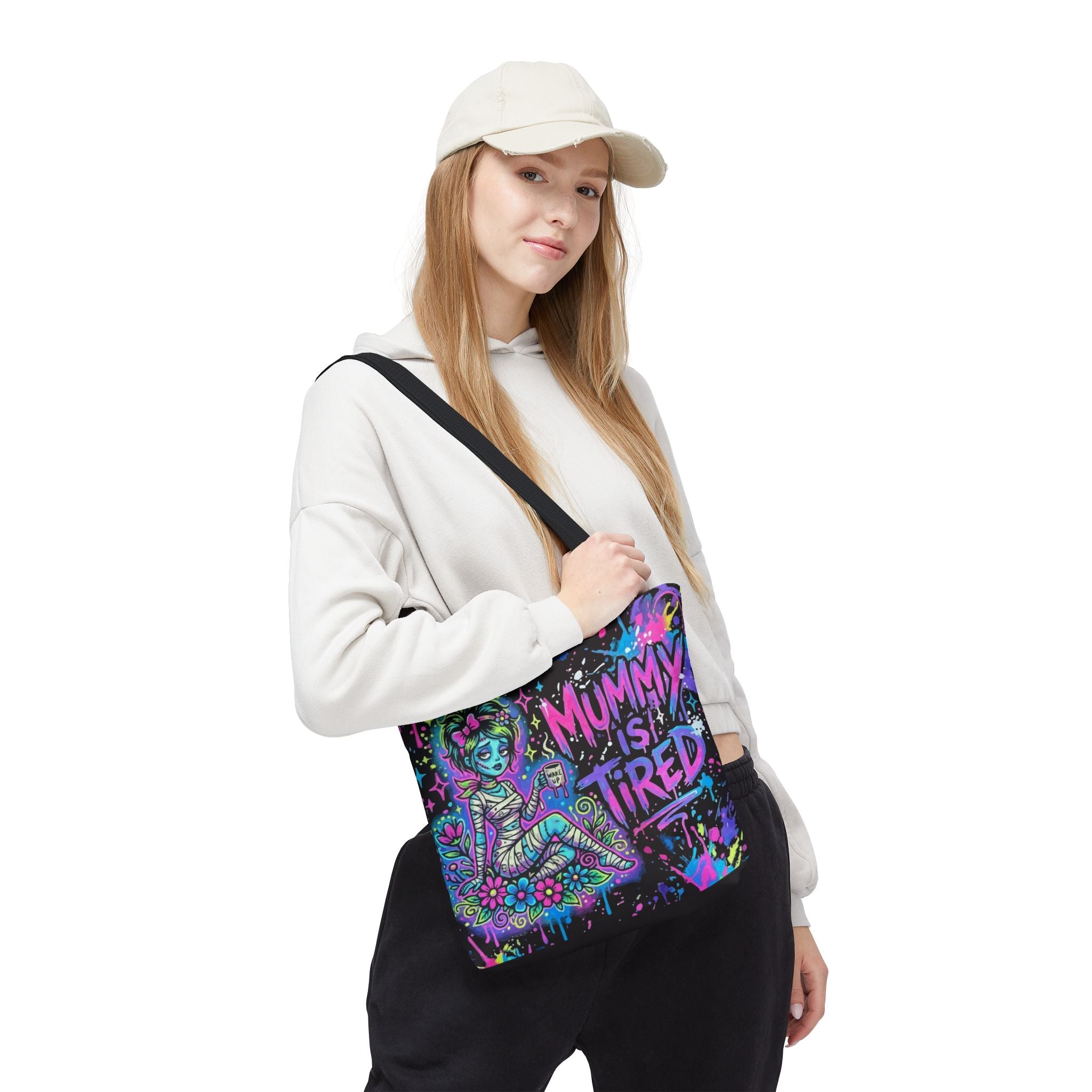 Mummy Is Tired Tote Bag — Neon Halloween Mom Canvas Shopper