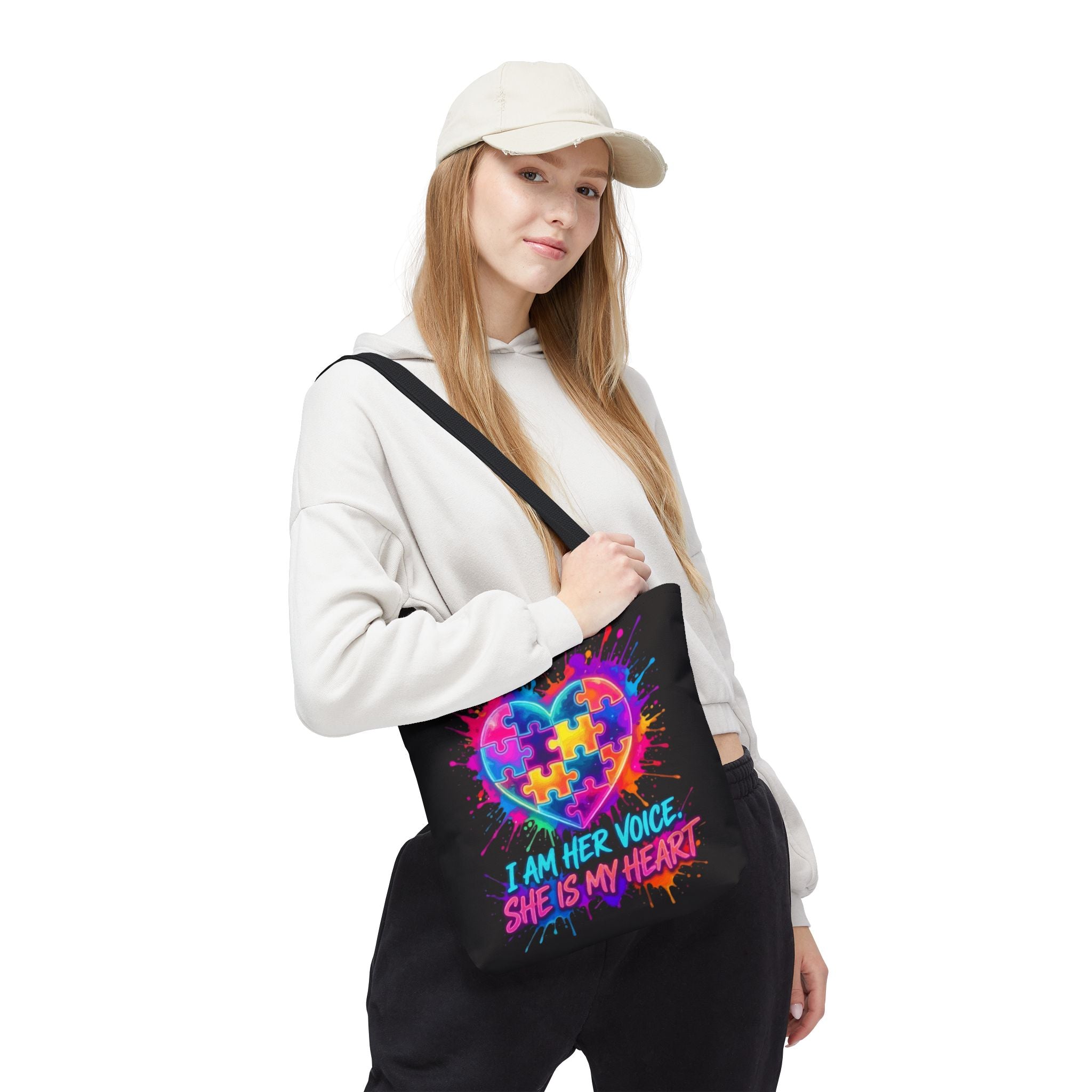 Autism Awareness Heart Tote Bag — "I Am Her Voice, She Is My Heart" Colorful Puzzle Design