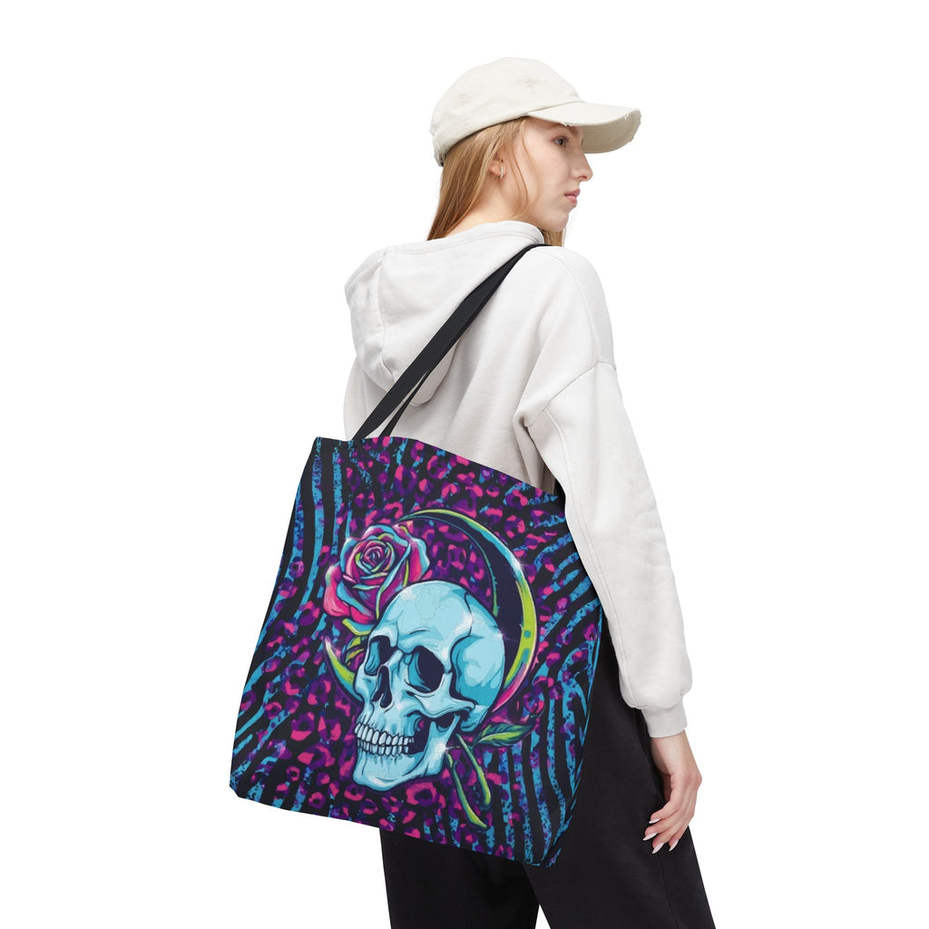 Skull & Rose Tote Bag — Neon Gothic Crescent Moon AOP Tote