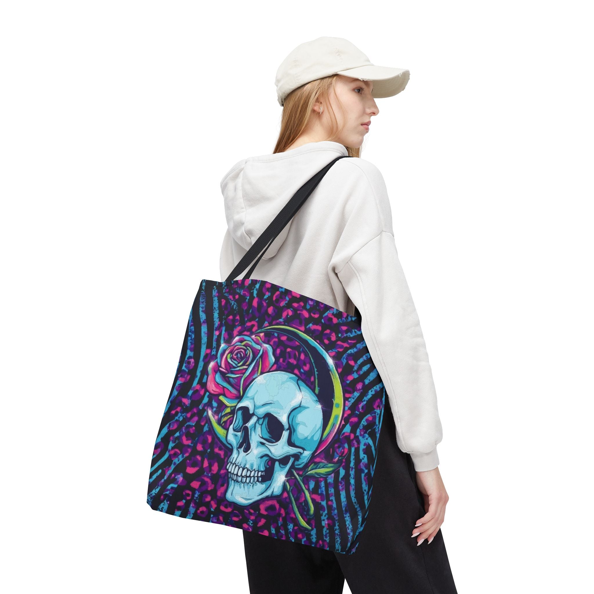 Skull & Rose Tote Bag — Neon Gothic Crescent Moon AOP Tote