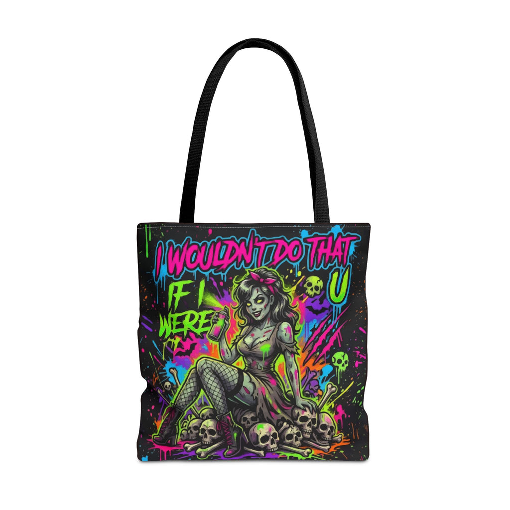 Zombie Pin-Up Tote Bag — "I Wouldn't Do That If I Were U" Neon Horror Graphic