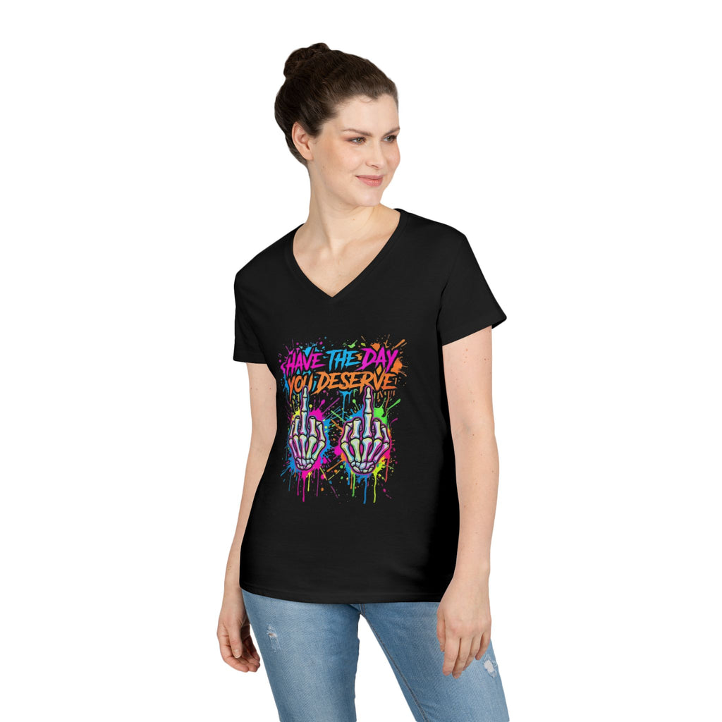 Ladies' V-Neck T-Shirt — Colorful Graffiti Skeleton Hands "Have the Day You Deserve"