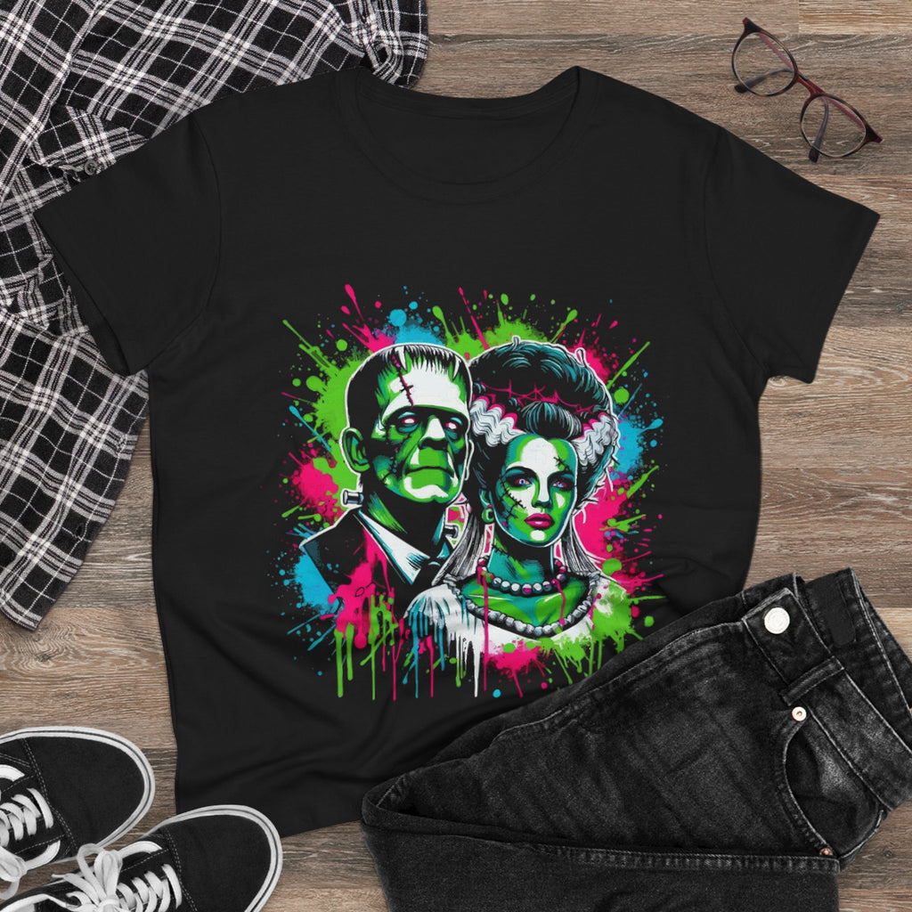 Frankenstein & Bride Neon Splash Women's Tee — Retro Horror Halloween Graphic Shirt