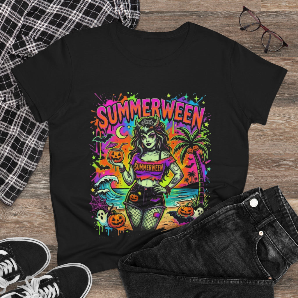 Summerween Graphic Tee — Retro Neon Pinup Halloween Beach Shirt