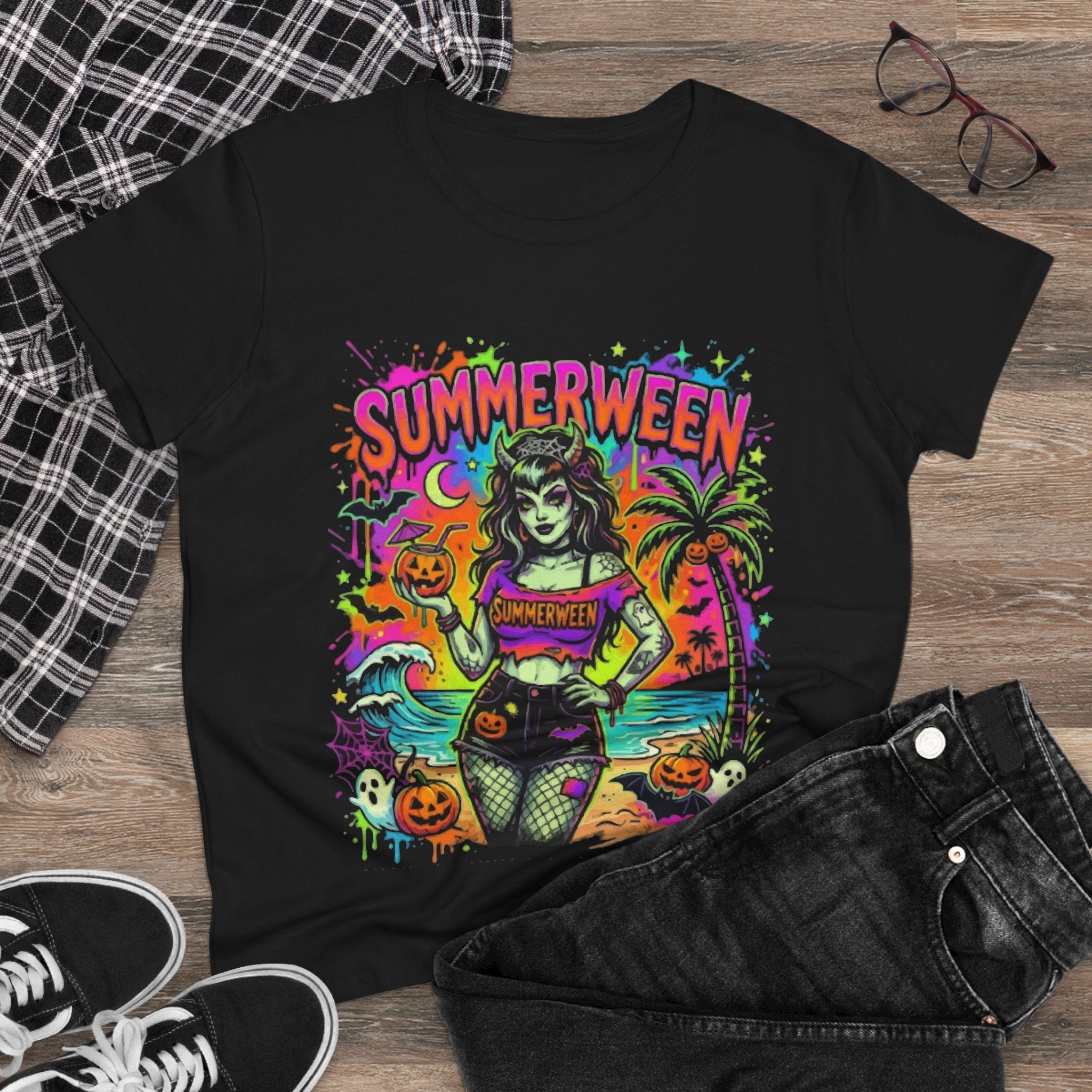 Summerween Graphic Tee — Retro Neon Pinup Halloween Beach Shirt