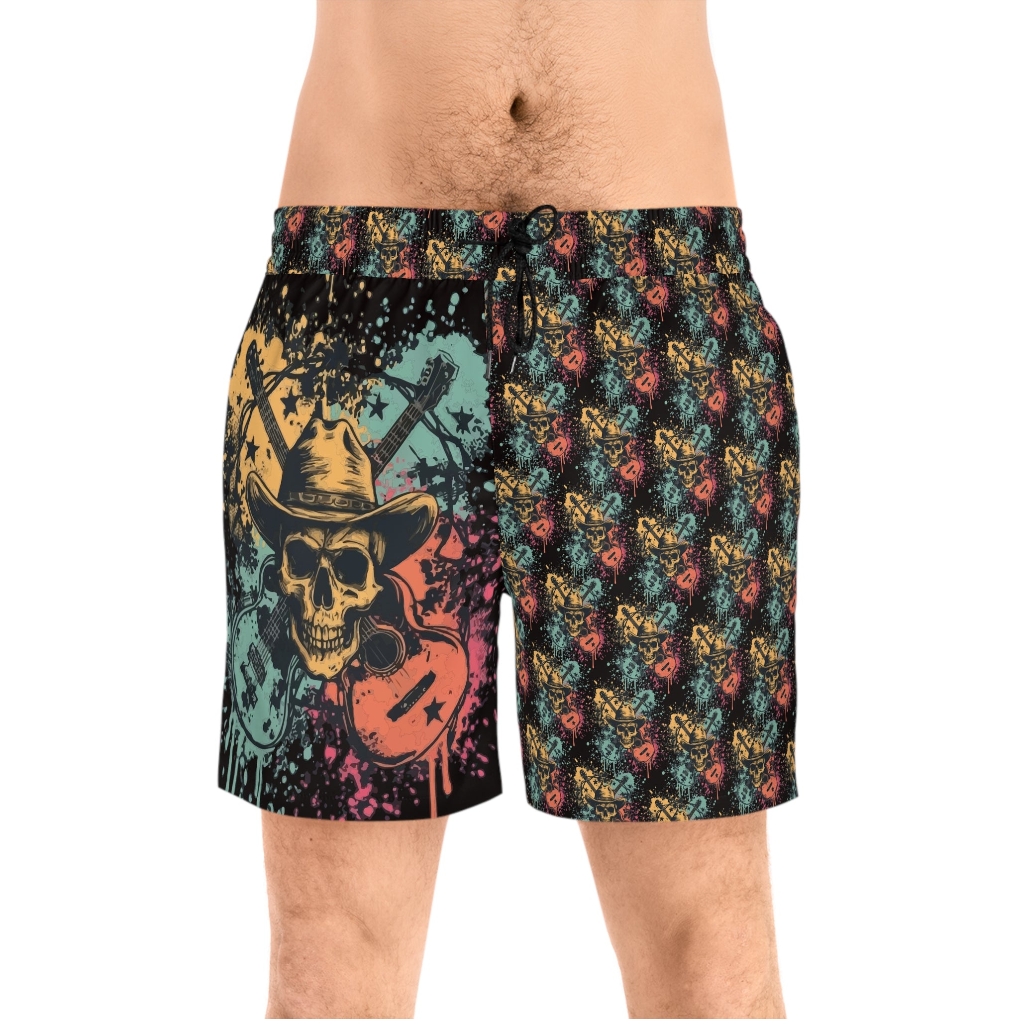 Skull Cowboy Swim Shorts — Retro Guitar Beach Trunks
