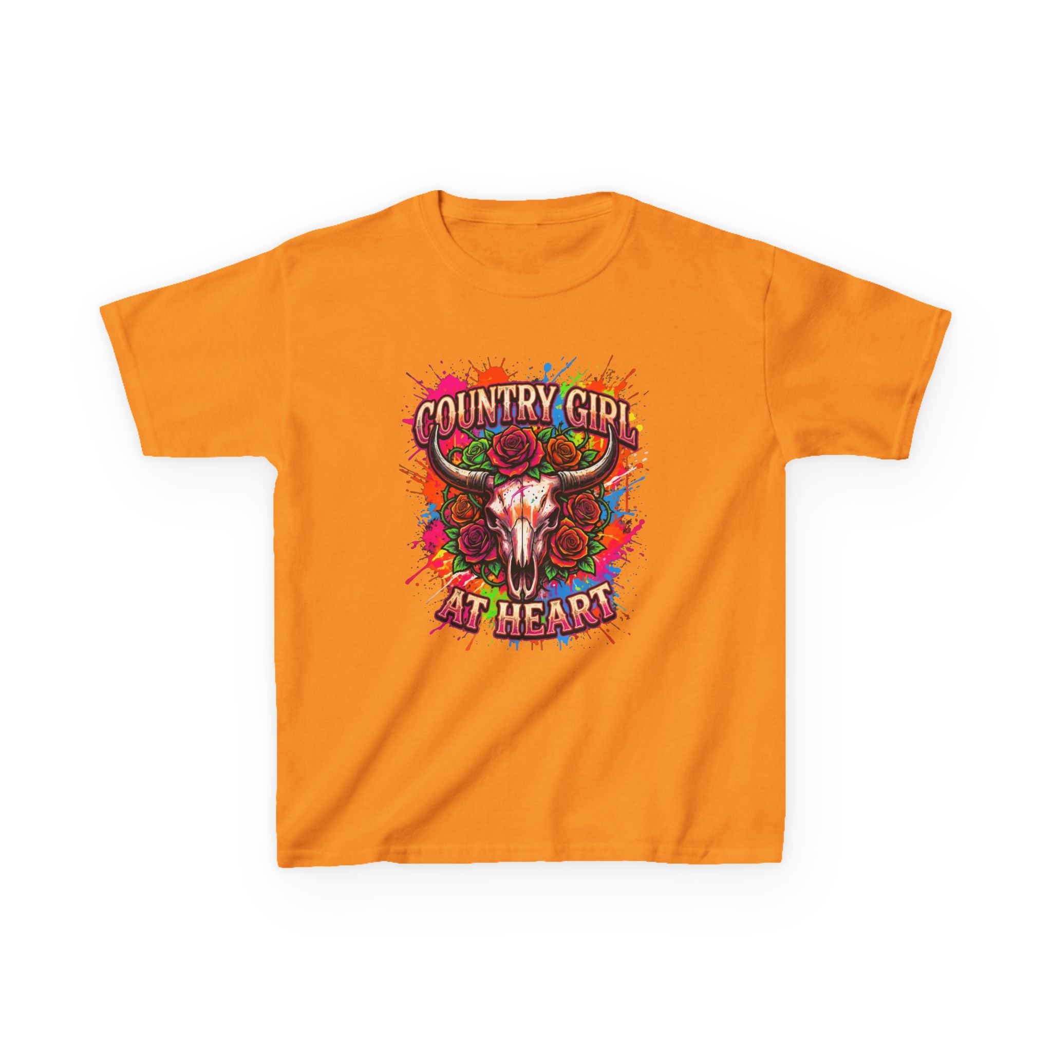 Kids T-Shirt — "Country Girl at Heart" Colorful Cow Skull Tee