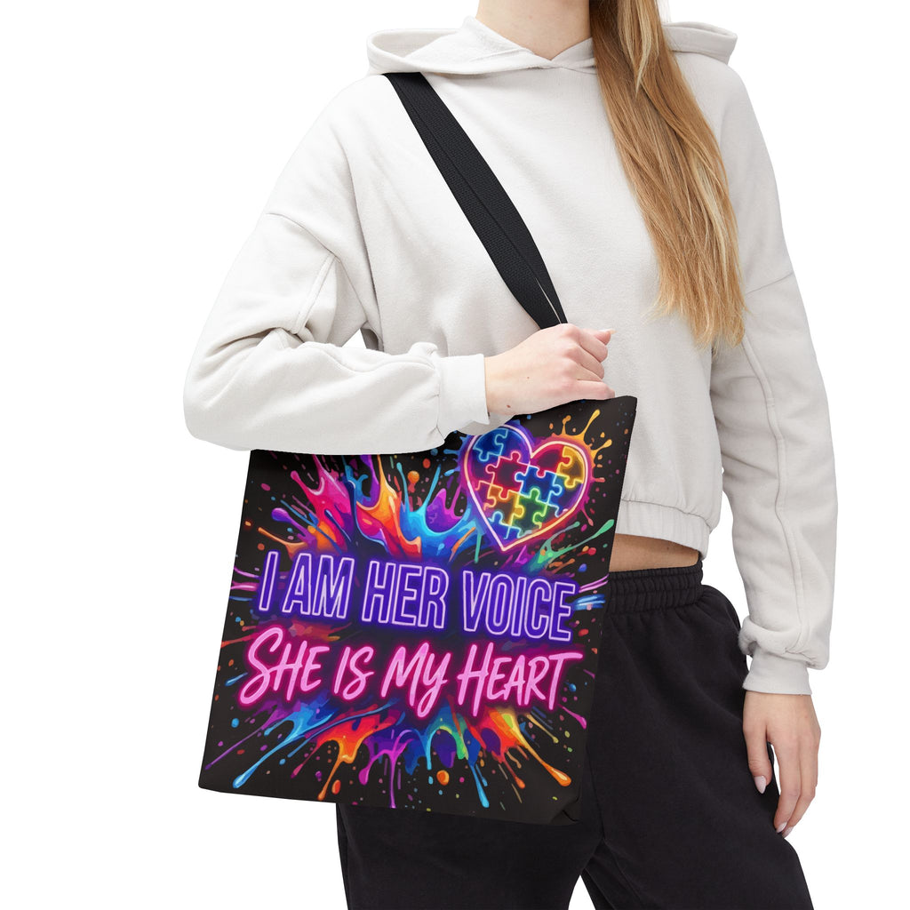 Autism Awareness Tote Bag - "I Am Her Voice, She Is My Heart" Colorful Puzzle Heart Carryall