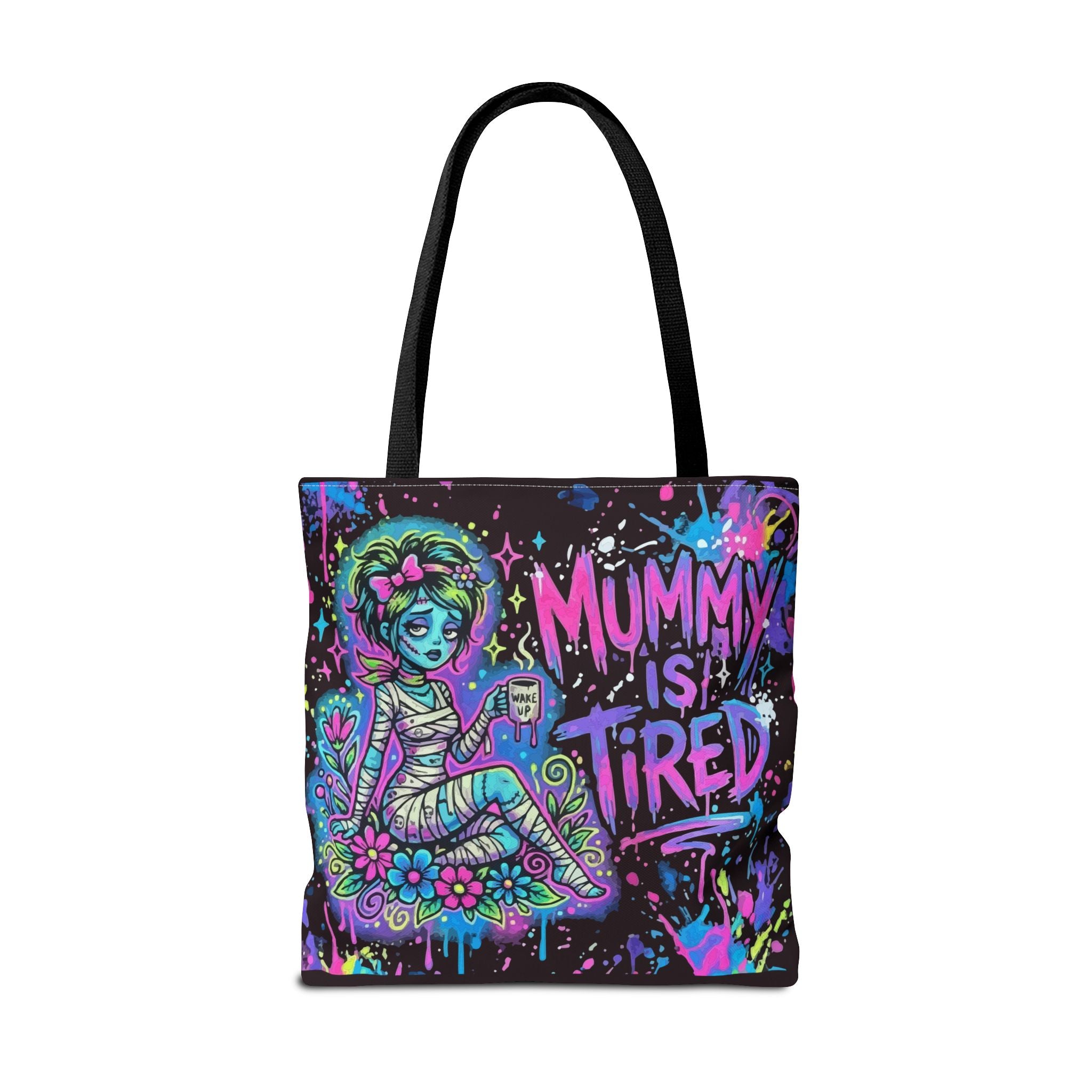 Mummy Is Tired Tote Bag — Neon Halloween Mom Canvas Shopper