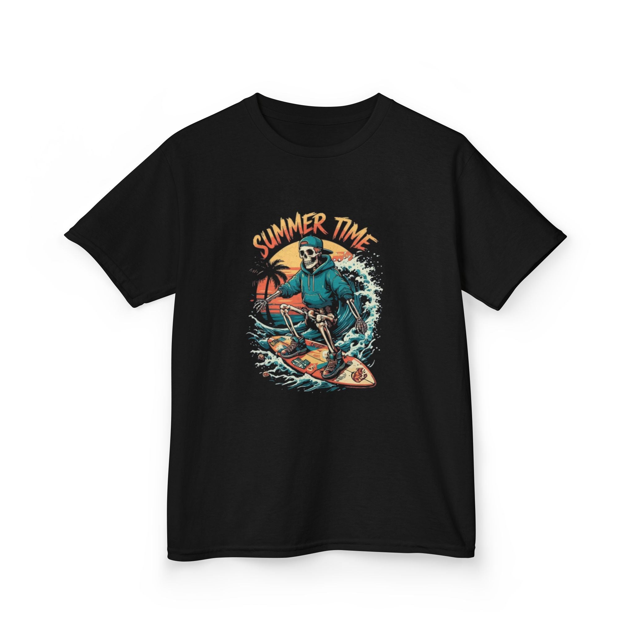 Kids Tee – “Summer Time” Surfing Skeleton Graphic Tee – Cool Beach Vibes for Kids