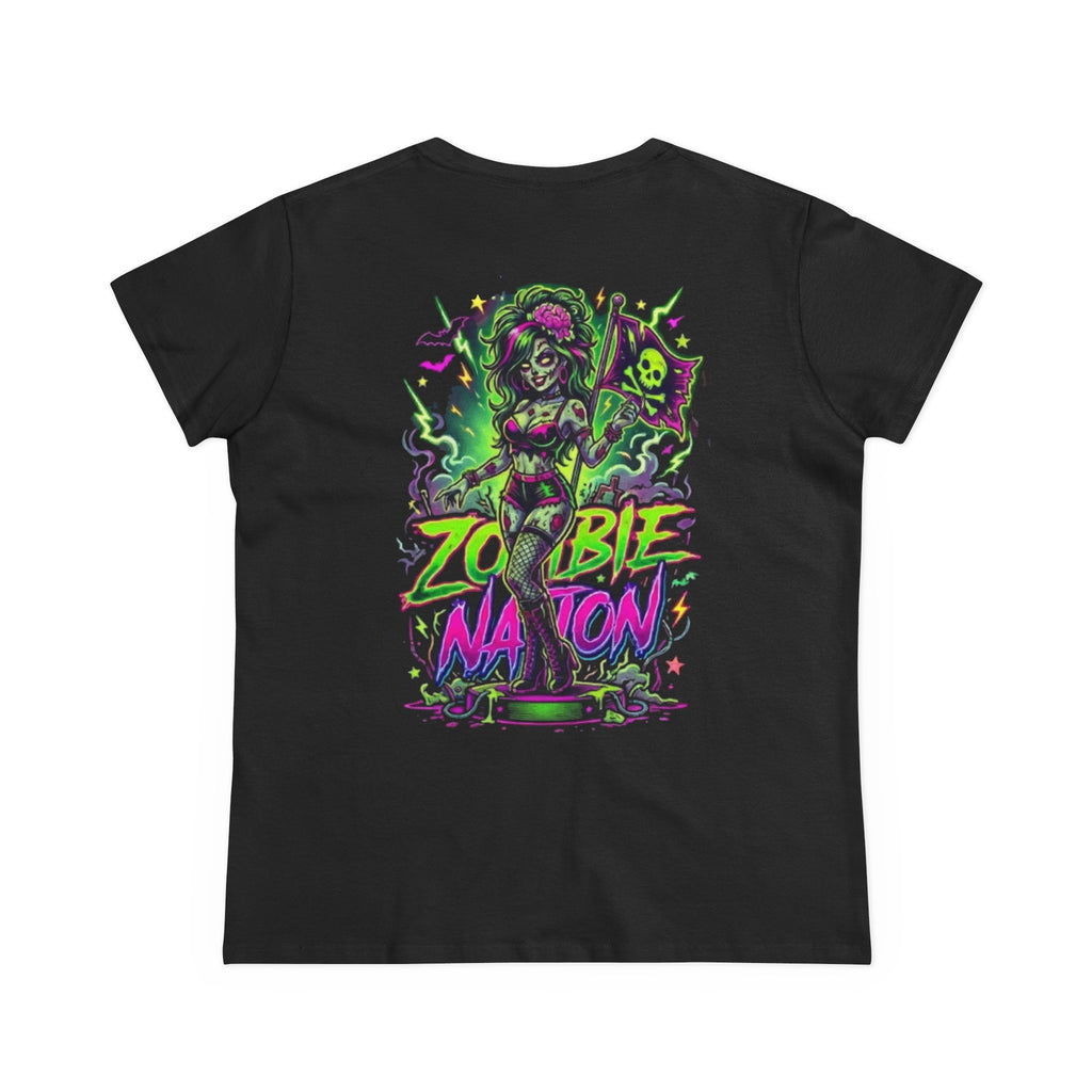 Zombie Nation Tee — Neon Retro Zombie Graphic Shirt for Women (Front & Back Print)
