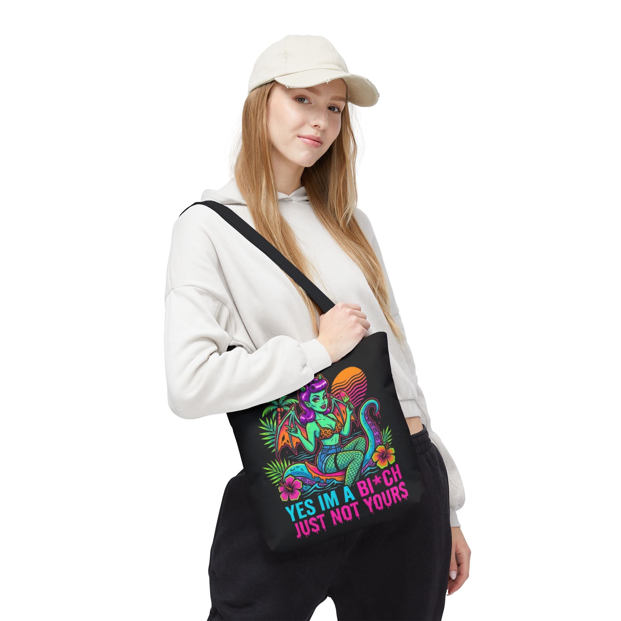 Yes I'm a Bi*ch Tote Bag — Retro Devil Girl LGBTQ+ Pride Beach Tote
