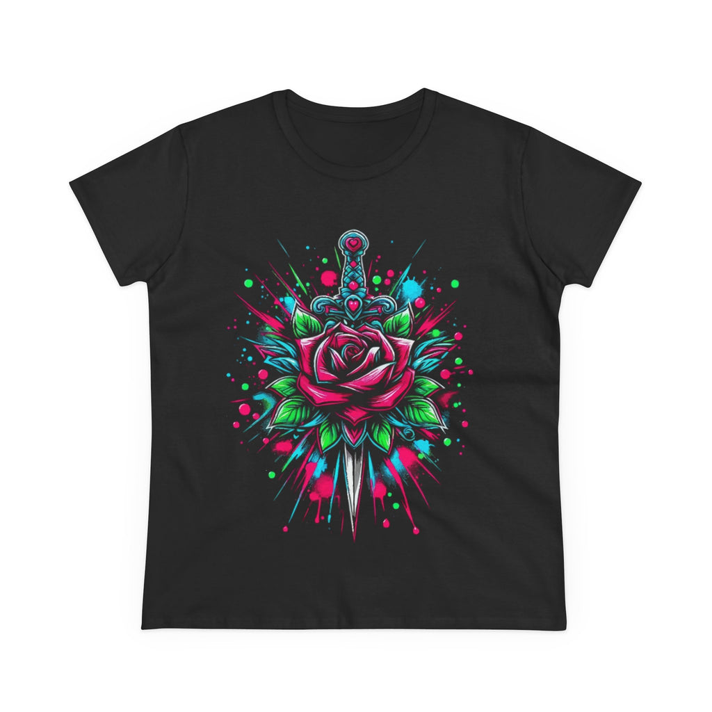 Floral Rose Sword Tee — Colorful Watercolor Splatter Women's T-Shirt