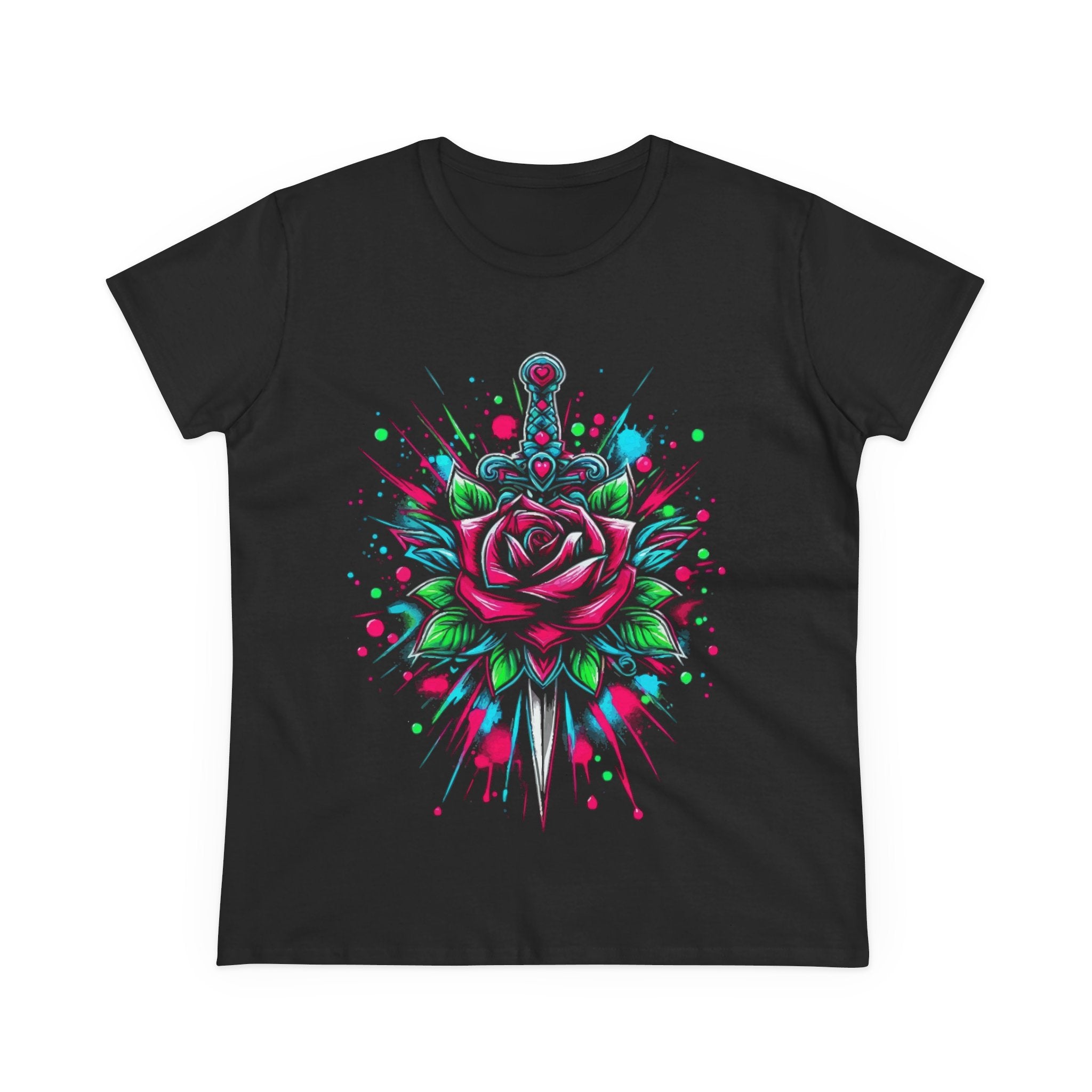 Floral Rose Sword Tee — Colorful Watercolor Splatter Women's T-Shirt